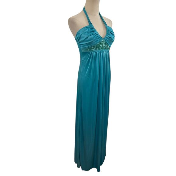 Y2K City Triangles Dress Turquoise Blue Halter Maxi Beaded Sequin Empire Waist S - Picture 3 of 7